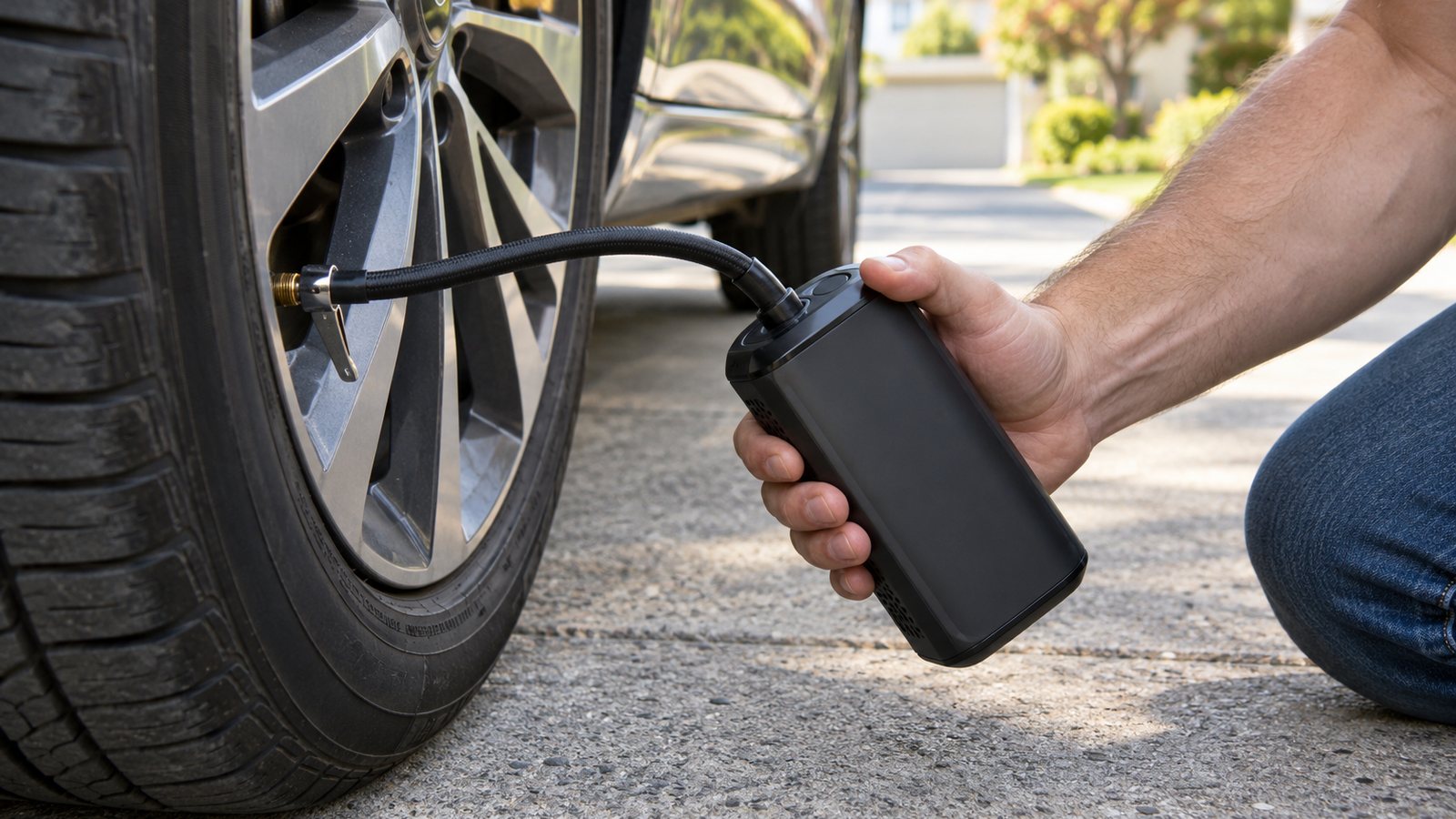 Portable inflator hose on a tire valve (illustrative)
