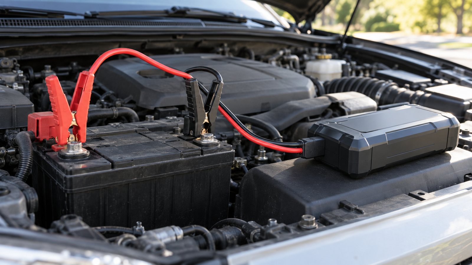 Jump starter clamps on a car battery (illustrative)