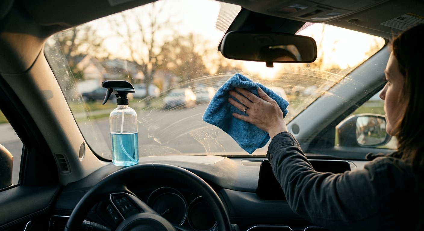 Automotive glass cleaner and microfiber towel on an interior windshield