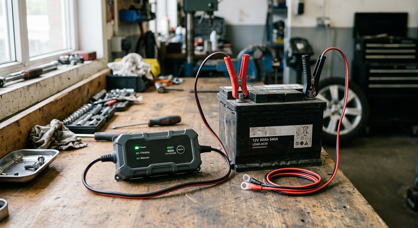 Battery charger and maintainer setup on a garage workbench