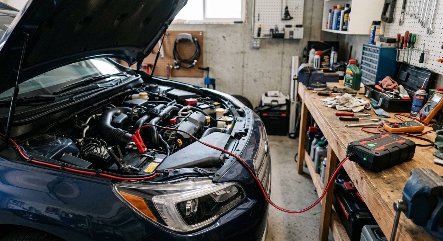 Battery maintainer connected to a parked car in a garage