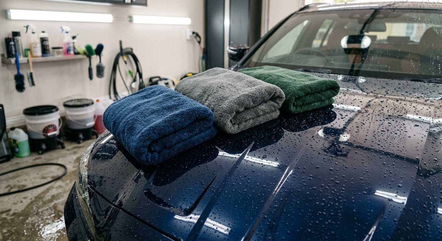 Microfiber drying towels on wet car paint after a wash