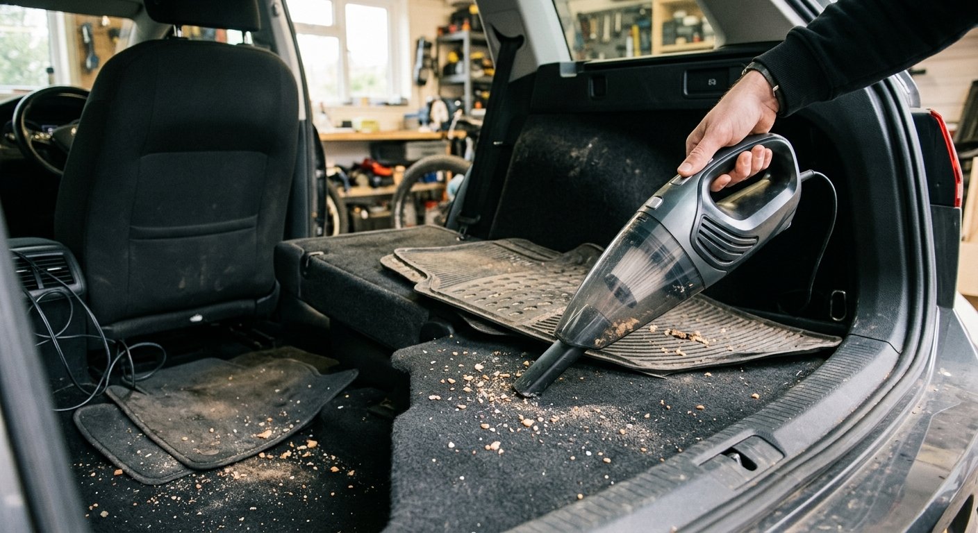 Compact car vacuum cleaning a boot and footwell