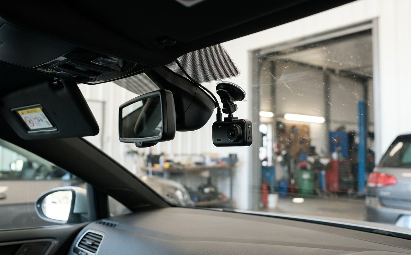 Dash cam mounted behind a windshield in a garage