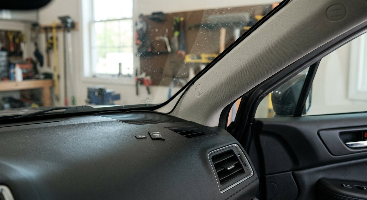 Dash cam cable route along the windshield pillar with a memory card on the dashboard