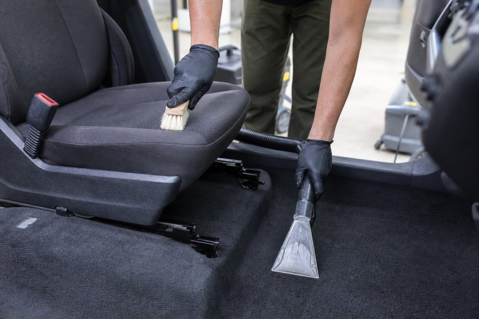 Fabric car seat and floor carpet being cleaned with an upholstery tool