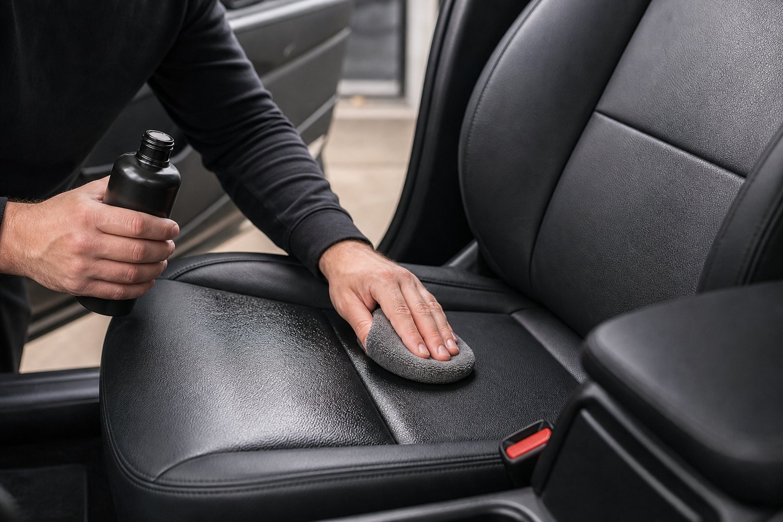 Leather car seat being cleaned with a microfiber applicator