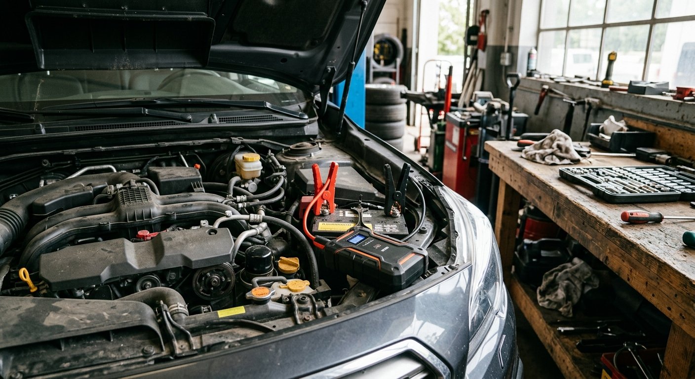 Portable jump starter clamps beside a car battery