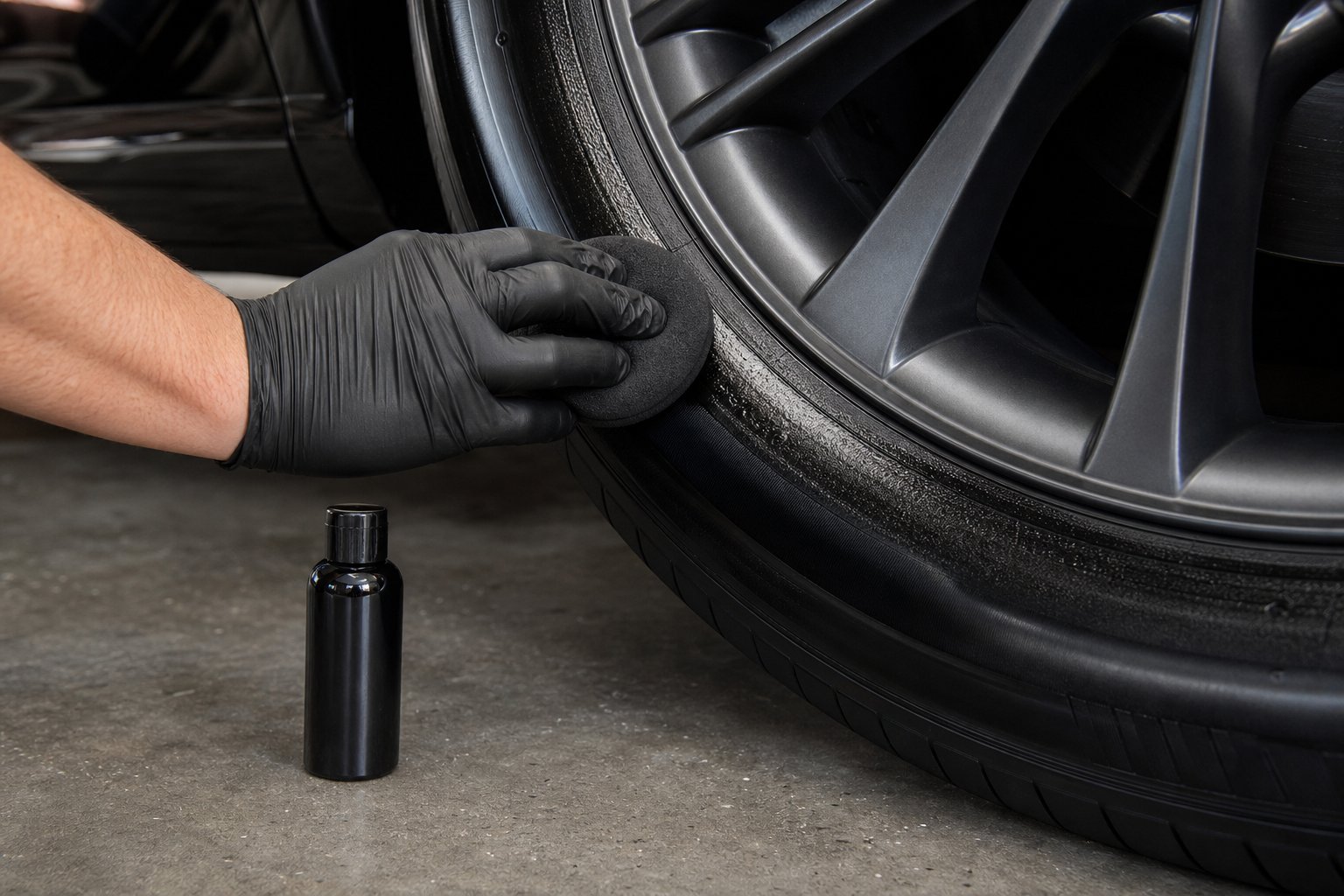 Tire dressing being applied to a clean tire sidewall with a foam pad