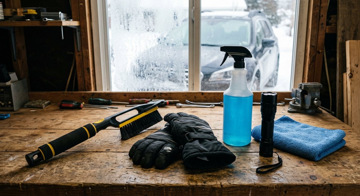 Winter car care kit with scraper gloves and de-icer on a garage bench