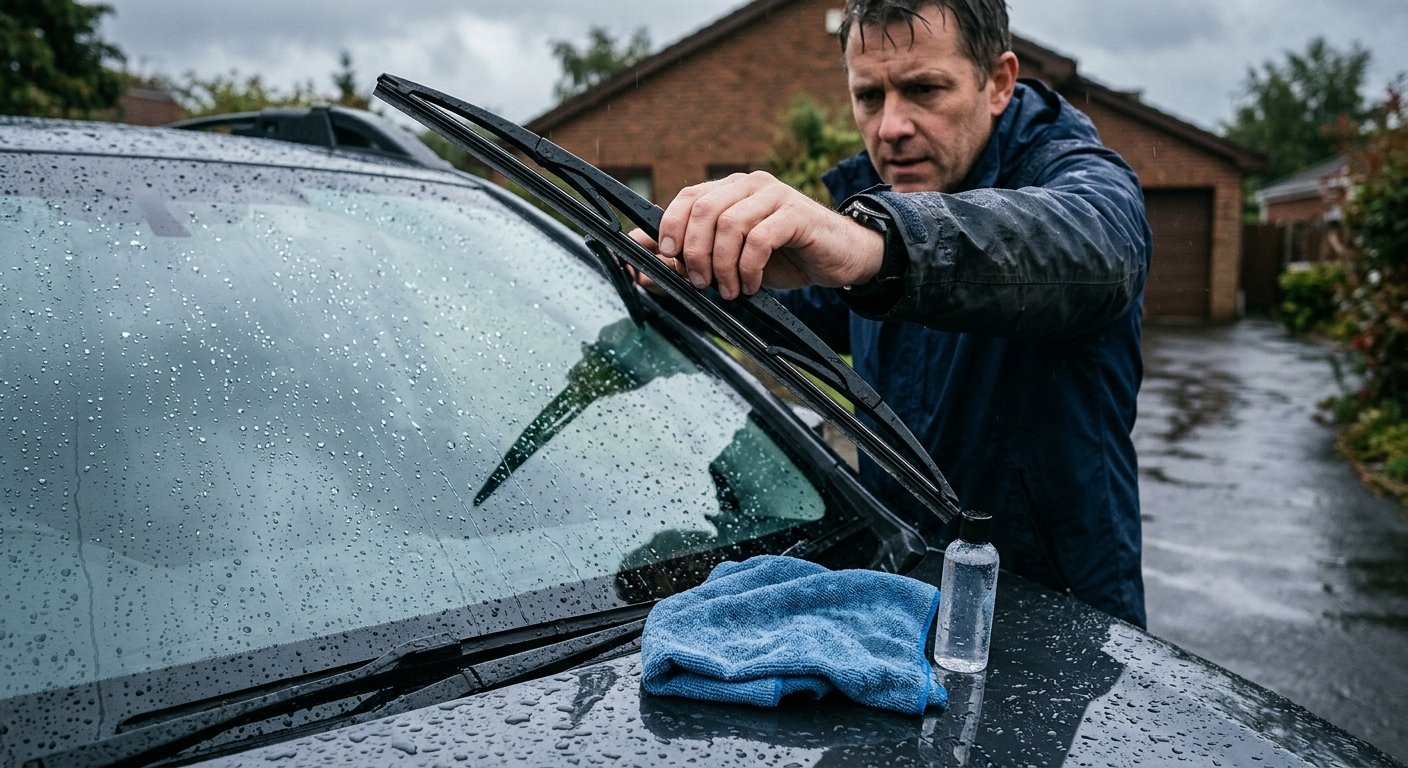 Wiper blade and rain repellent check on a wet windshield